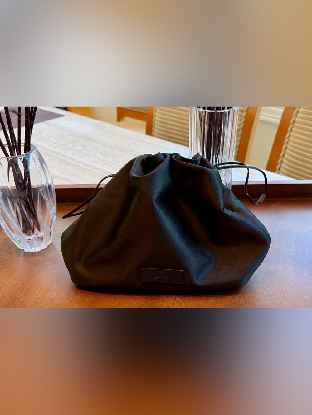 Brown Silk Drawstring Pouch Bag